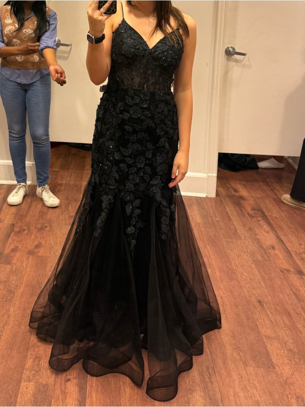Camille La Vie Black Lace Appliqué Mermaid Prom Dress